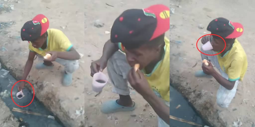 Man uses dirty drainage water to eat bread